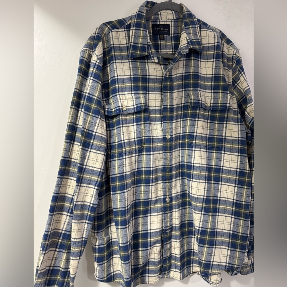 Lucky Brand Men's Blue and Cream Plaid Shirt - Picture 2 of 4